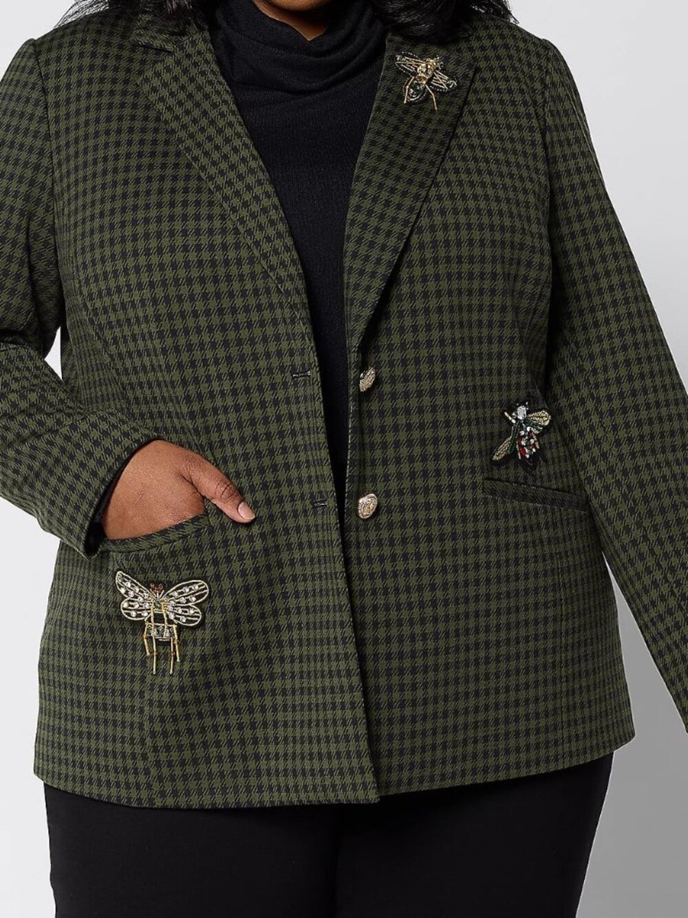 NEW Susan Graver Black and Olive Houndstooth Blazer with Insect Brooches SZ 2X - Picture 5 of 11